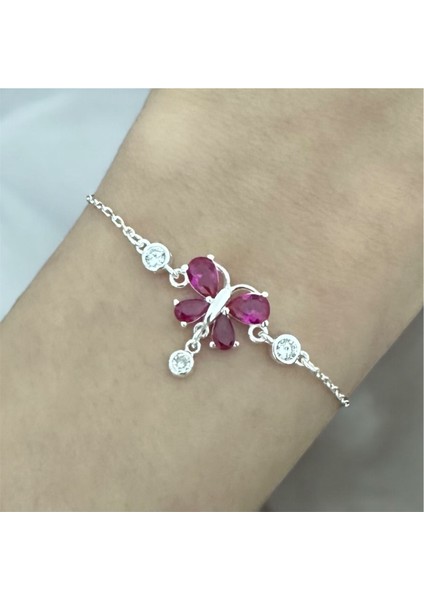 925 Ayar Gümüş Pembe Taşlı Kelebek Bileklik