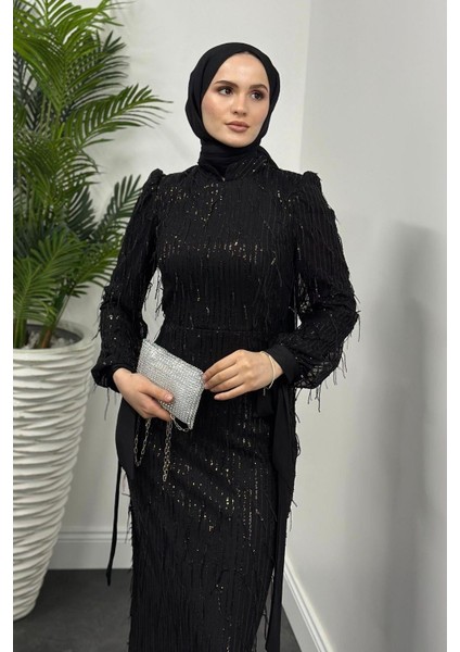 Alena Püsküllü Pullu Kalem Abiye Siyah