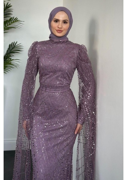 Brunella Pelerinli Taş Işlemeli Balık Model Abiye Lila