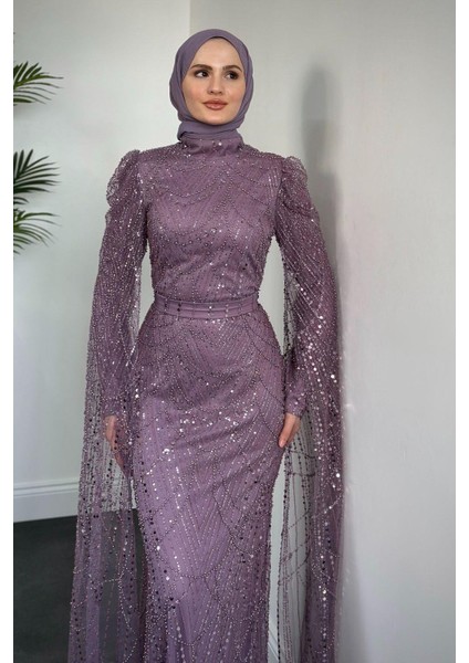 Brunella Pelerinli Taş Işlemeli Balık Model Abiye Lila