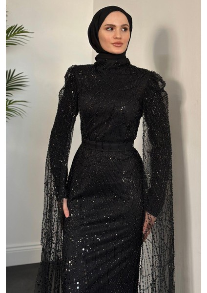 Brunella Pelerinli Taş Işlemeli Balık Model Abiye Siyah modelleri