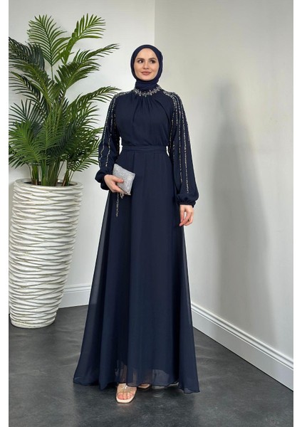 Jayla Kolları Taşlı Abiye Lacivert