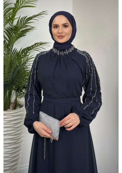 Jayla Kolları Taşlı Abiye Lacivert modelleri