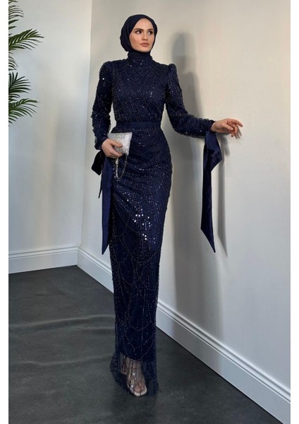 Sheldon Kolları Bağcıklı Pul Payet Işleme Abiye Lacivert