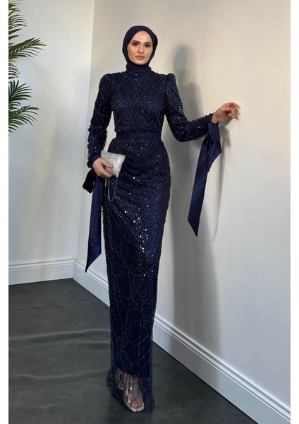 Sheldon Kolları Bağcıklı Pul Payet Işleme Abiye Lacivert fiyatları