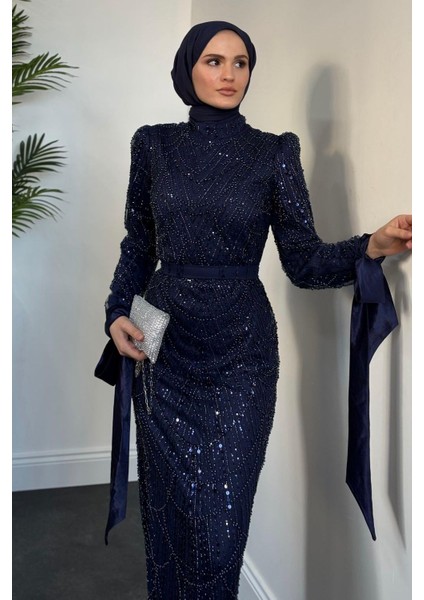 Sheldon Kolları Bağcıklı Pul Payet Işleme Abiye Lacivert modelleri