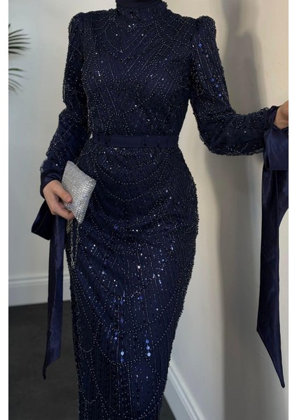 Sheldon Kolları Bağcıklı Pul Payet Işleme Abiye Lacivert fırsatları