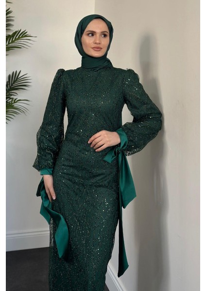 Serina Kolları Fiyonklu Simli Abiye Zümrüt fiyatları