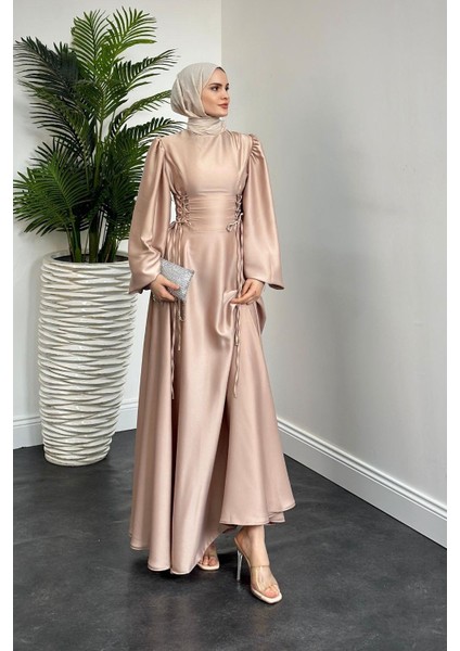 Orya Yanları Sıkmalı Saten Abiye Krem