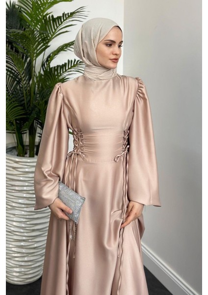 Orya Yanları Sıkmalı Saten Abiye Krem fiyatları