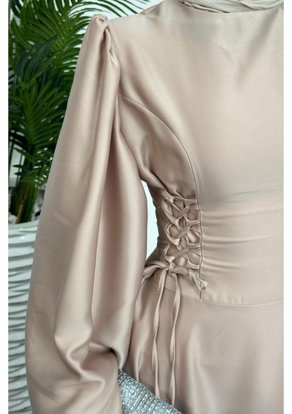 Orya Yanları Sıkmalı Saten Abiye Krem modelleri