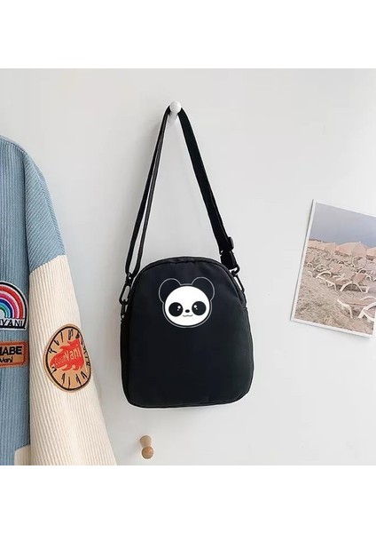 Panda Face Baskılı Fermuarlı Unisex Kanvas Siyah Omuz Çantası