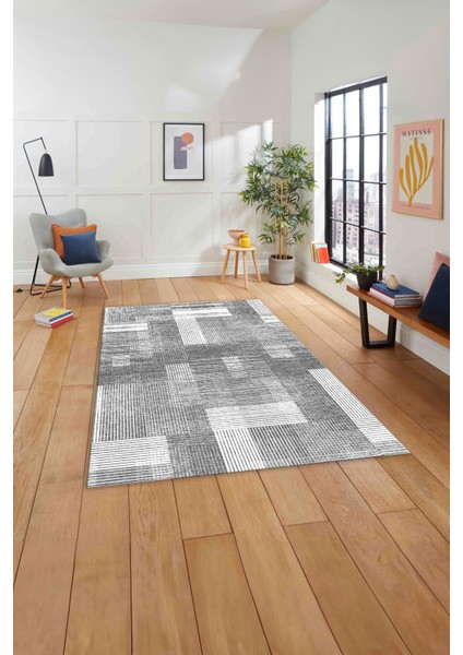 Baskılı Patchwork Çizgili Model Yıkanabilir Kaymaz Yolluk Mutfak Salon Halısı, Patchwork-33-Gri,