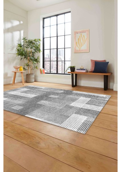 Baskılı Patchwork Çizgili Model Yıkanabilir Kaymaz Yolluk Mutfak Salon Halısı, Patchwork-33-Gri,