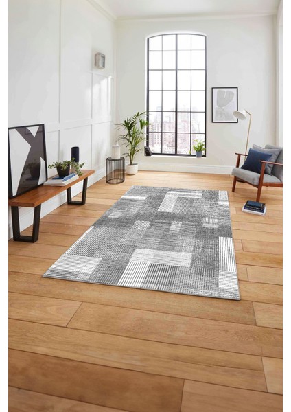 Baskılı Patchwork Çizgili Model Yıkanabilir Kaymaz Yolluk Mutfak Salon Halısı, Patchwork-33-Gri,