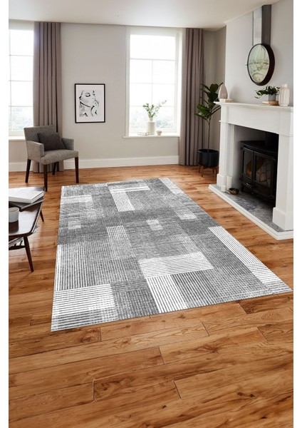 Baskılı Patchwork Çizgili Model Yıkanabilir Kaymaz Yolluk Mutfak Salon Halısı, Patchwork-33-Gri,