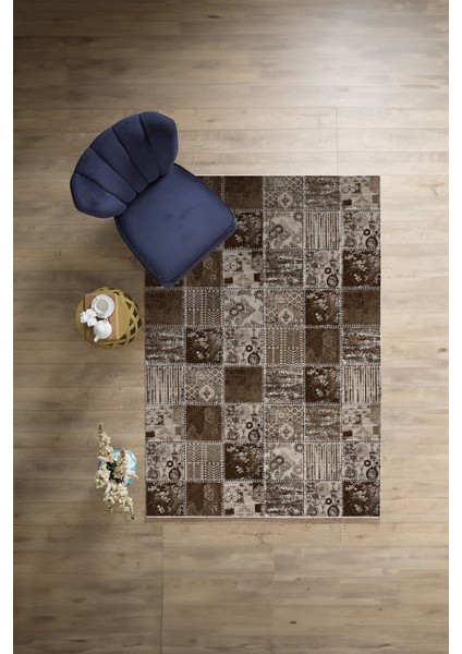 Baskılı Patchwork Klasik Motif Yıkanabilir Kaymaz Yolluk Mutfak Salon Halısı, Patchwork-35-Kahve,