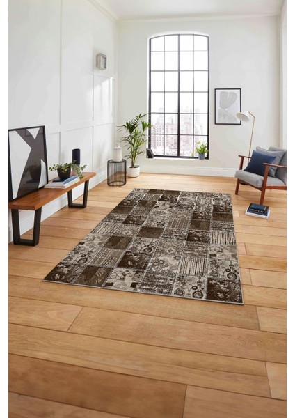 Baskılı Patchwork Klasik Motif Yıkanabilir Kaymaz Yolluk Mutfak Salon Halısı, Patchwork-35-Kahve,
