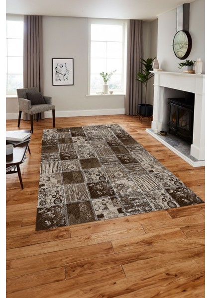 Baskılı Patchwork Klasik Motif Yıkanabilir Kaymaz Yolluk Mutfak Salon Halısı, Patchwork-35-Kahve,