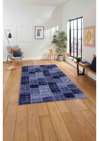 Baskılı Patchwork Sade Modern Yıkanabilir Kaymaz Yolluk Mutfak Salon Halısı, Patchwork-21-Lacivert,