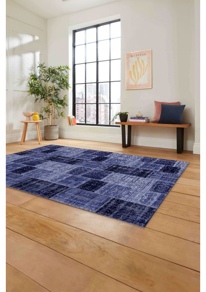 Baskılı Patchwork Sade Modern Yıkanabilir Kaymaz Yolluk Mutfak Salon Halısı, Patchwork-21-Lacivert,