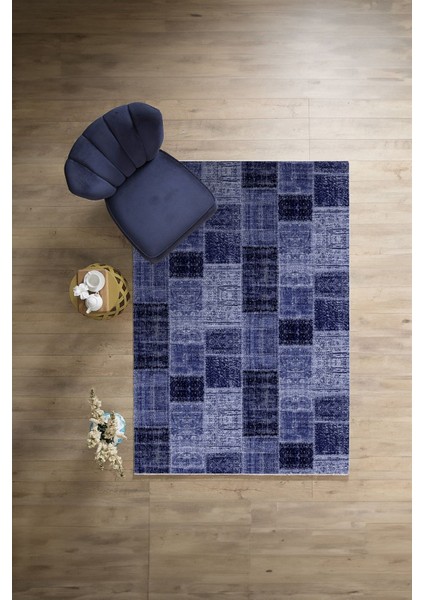 Baskılı Patchwork Sade Modern Yıkanabilir Kaymaz Yolluk Mutfak Salon Halısı, Patchwork-21-Lacivert,