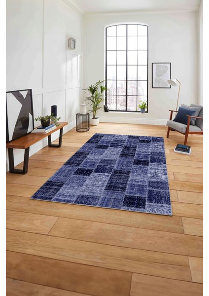 Baskılı Patchwork Sade Modern Yıkanabilir Kaymaz Yolluk Mutfak Salon Halısı, Patchwork-21-Lacivert,