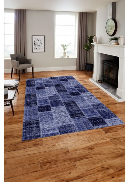 Baskılı Patchwork Sade Modern Yıkanabilir Kaymaz Yolluk Mutfak Salon Halısı, Patchwork-21-Lacivert,