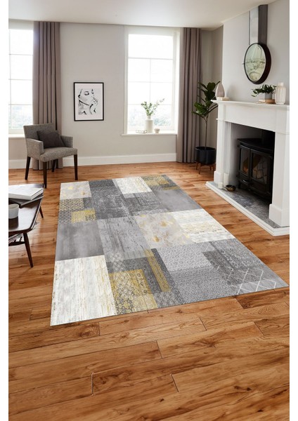 Baskılı Patchwork Dekoratif Yıkanabilir Kaymaz Yolluk Mutfak Salon Halısı, Patchwork-36-Sari,