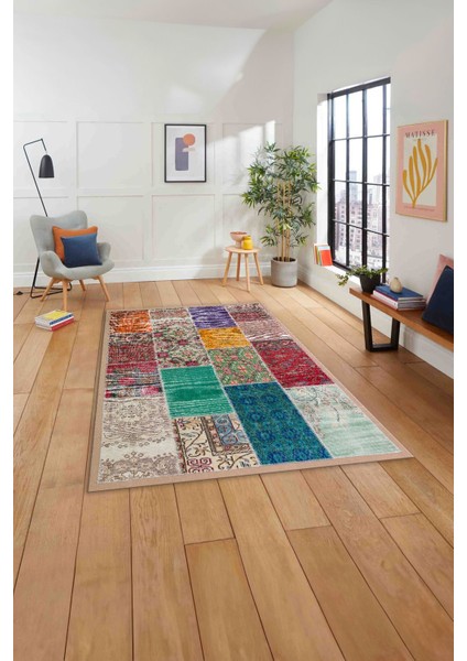 Baskılı Patchwork Otantik Model Yıkanabilir Kaymaz Yolluk Mutfak Salon Halısı, Patchwork-22-Renkli,