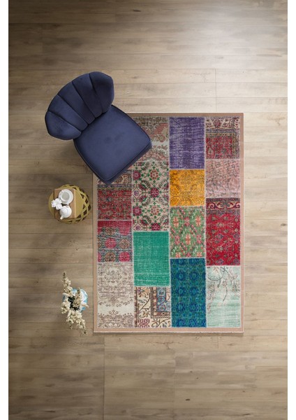 Baskılı Patchwork Otantik Model Yıkanabilir Kaymaz Yolluk Mutfak Salon Halısı, Patchwork-22-Renkli,