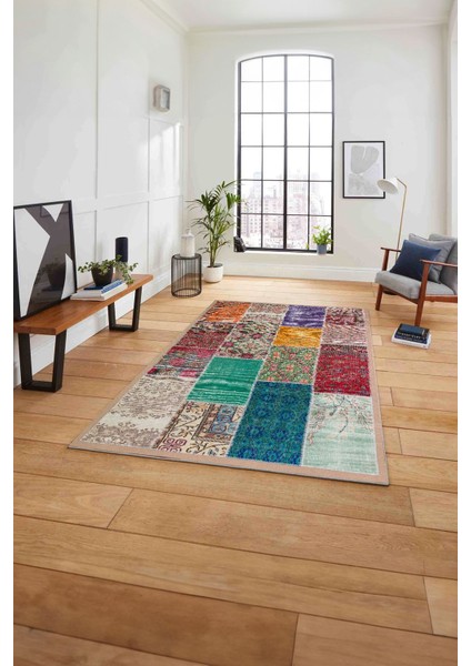 Baskılı Patchwork Otantik Model Yıkanabilir Kaymaz Yolluk Mutfak Salon Halısı, Patchwork-22-Renkli,