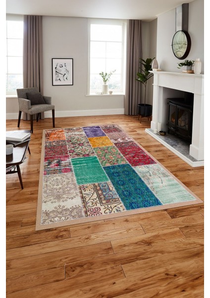 Baskılı Patchwork Otantik Model Yıkanabilir Kaymaz Yolluk Mutfak Salon Halısı, Patchwork-22-Renkli,