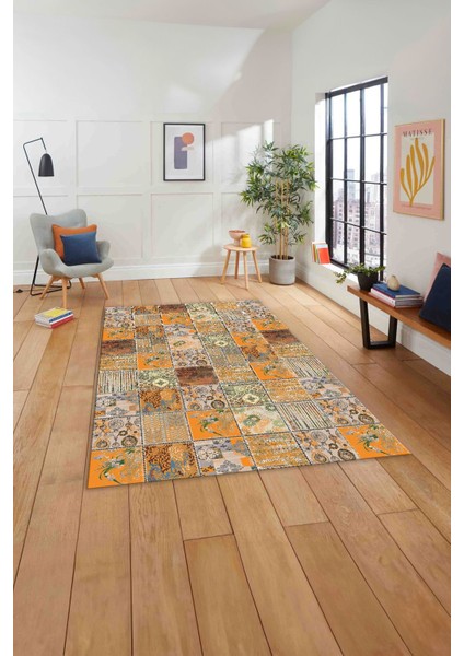 Baskılı Patchwork Klasik Motif Yıkanabilir Kaymaz Yolluk Mutfak Salon Halısı, Patchwork-35-Turuncu,