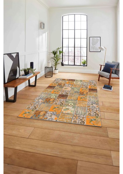 Baskılı Patchwork Klasik Motif Yıkanabilir Kaymaz Yolluk Mutfak Salon Halısı, Patchwork-35-Turuncu, fırsatları