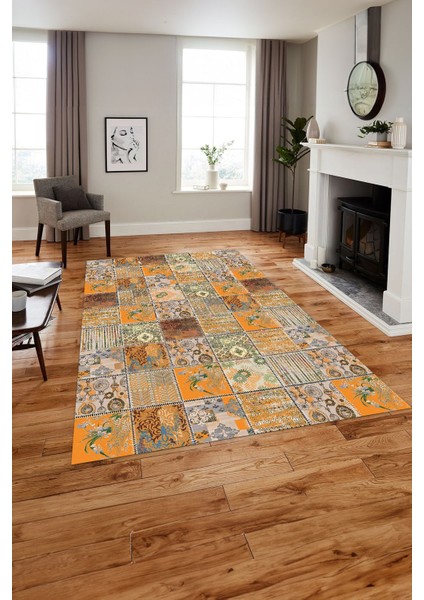Baskılı Patchwork Klasik Motif Yıkanabilir Kaymaz Yolluk Mutfak Salon Halısı, Patchwork-35-Turuncu, indirimleri