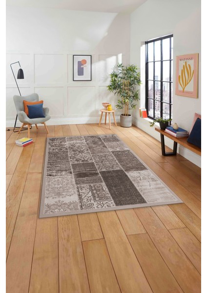Baskılı Patchwork Otantik Model Yıkanabilir Kaymaz Yolluk Mutfak Salon Halısı, Patchwork-22-Vizon,