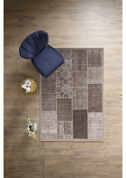 Baskılı Patchwork Otantik Model Yıkanabilir Kaymaz Yolluk Mutfak Salon Halısı, Patchwork-22-Vizon,