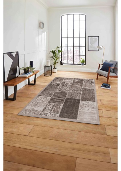 Baskılı Patchwork Otantik Model Yıkanabilir Kaymaz Yolluk Mutfak Salon Halısı, Patchwork-22-Vizon,