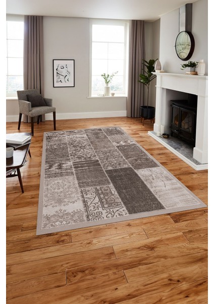 Baskılı Patchwork Otantik Model Yıkanabilir Kaymaz Yolluk Mutfak Salon Halısı, Patchwork-22-Vizon,