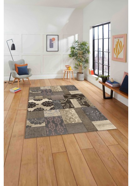 Baskılı Patchwork Çiçek Motifli Yıkanabilir Kaymaz Yolluk Mutfak Salon Halısı, Patchwork-34-Bej,