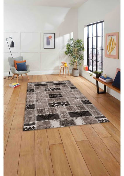 Baskılı Patchwork Etnik Model Yıkanabilir Kaymaz Yolluk Mutfak Salon Halısı, Patchwork-23-Vizon,