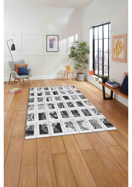 Baskılı Patchwork Iplik Desen Yıkanabilir Kaymaz Yolluk Mutfak Salon Halısı, Patchwork-25-Gri,
