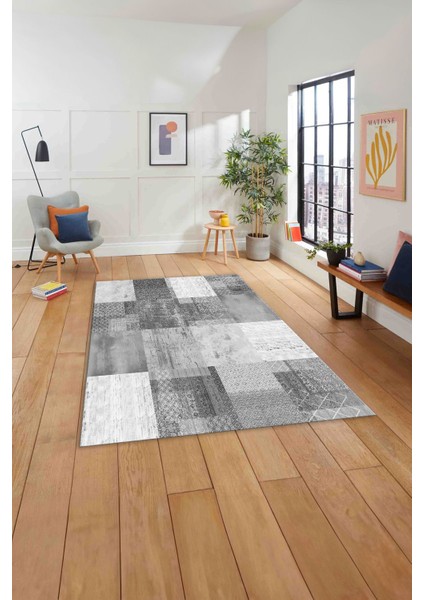 Baskılı Patchwork Dekoratif Yıkanabilir Kaymaz Yolluk Mutfak Salon Halısı, Patchwork-36-Gri,