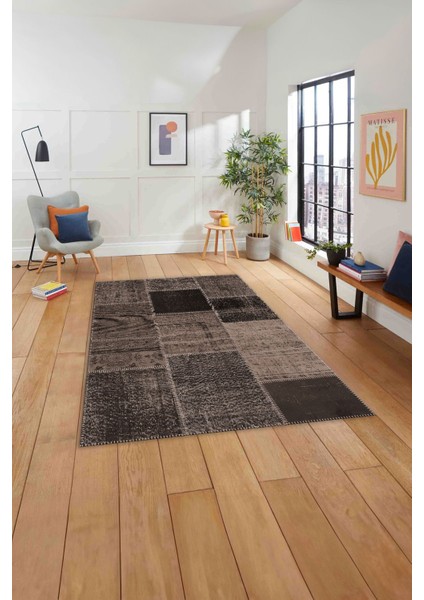 Baskılı Patchwork Etnik Görünümlü Yıkanabilir Kaymaz Yolluk Mutfak Salon Halısı, Patchwork-39-Vizon,
