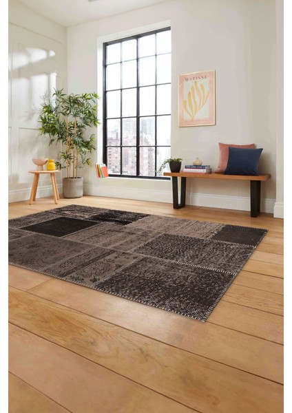 Baskılı Patchwork Etnik Görünümlü Yıkanabilir Kaymaz Yolluk Mutfak Salon Halısı, Patchwork-39-Vizon,