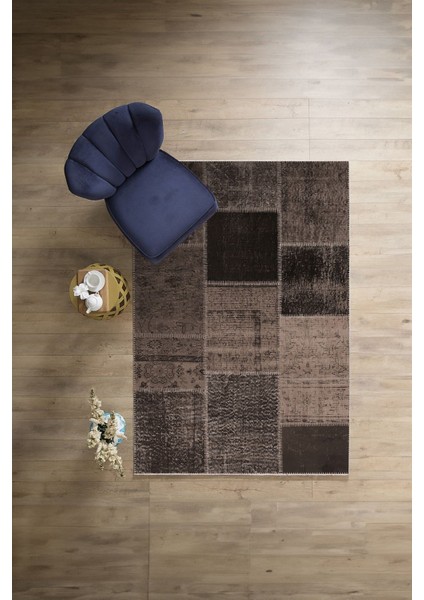 Baskılı Patchwork Etnik Görünümlü Yıkanabilir Kaymaz Yolluk Mutfak Salon Halısı, Patchwork-39-Vizon,