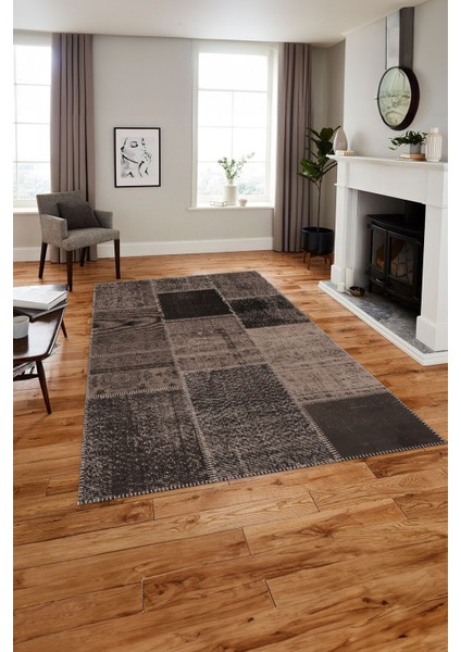 Baskılı Patchwork Etnik Görünümlü Yıkanabilir Kaymaz Yolluk Mutfak Salon Halısı, Patchwork-39-Vizon,