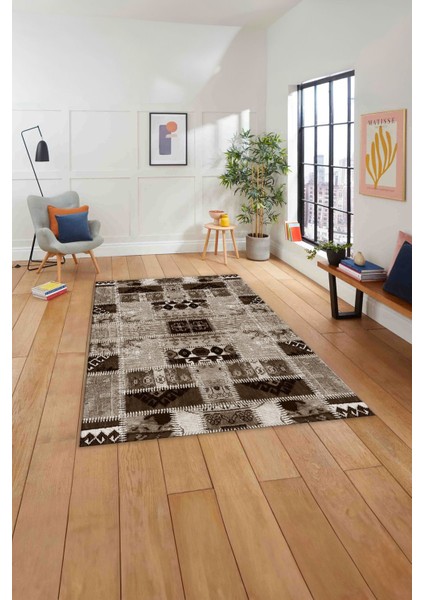 Baskılı Patchwork Etnik Model Yıkanabilir Kaymaz Yolluk Mutfak Salon Halısı, Patchwork-23-Kahve,