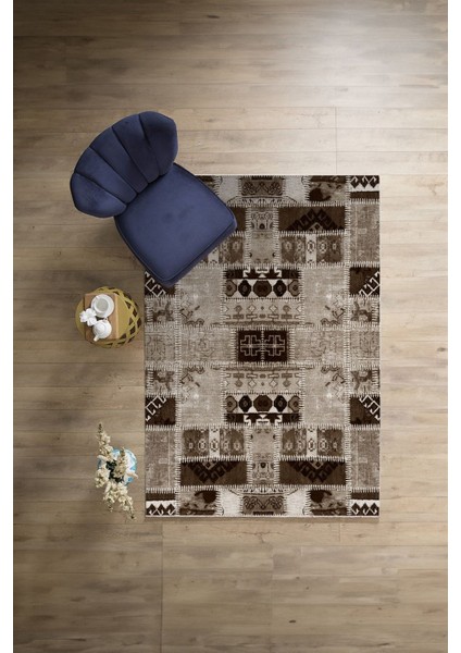 Baskılı Patchwork Etnik Model Yıkanabilir Kaymaz Yolluk Mutfak Salon Halısı, Patchwork-23-Kahve, modelleri